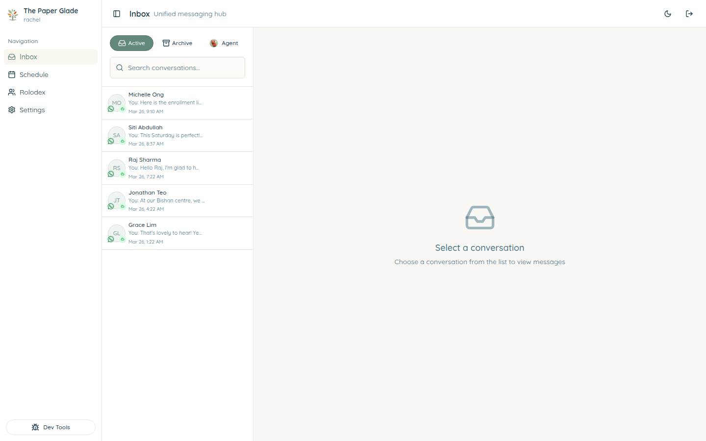 Unified inbox showing conversations from multiple contacts