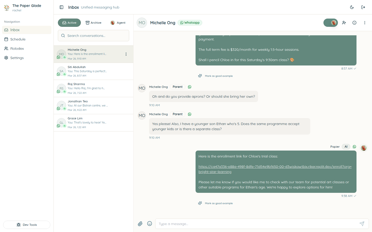 Conversation thread showing AI-assisted replies with contextual awareness