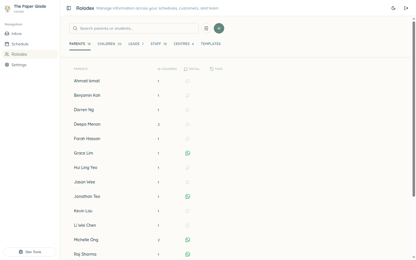 Customer directory with dependent counts and social channel indicators